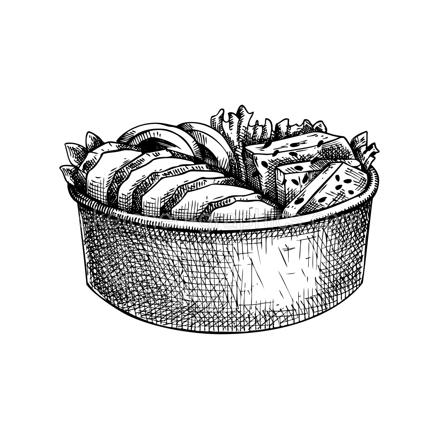 Poke bowl sketch. Paper container. Vintage fast food drawing. Food delivery design element. Take away box package Illustration
